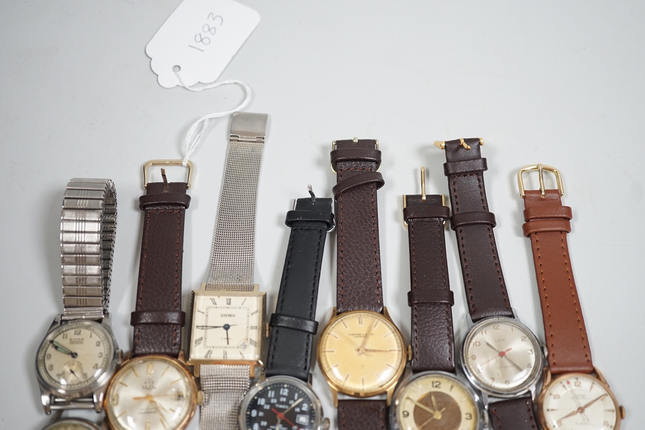 A collection of twelve assorted mainly gentleman's wrist watches, including Cyma, Sekonda and Timex.